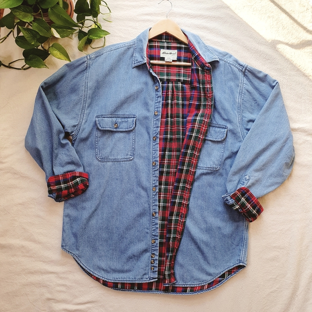 VTG Eddie Bauer Flannel-Lined Chambray Denim Shirt | Size L Tall